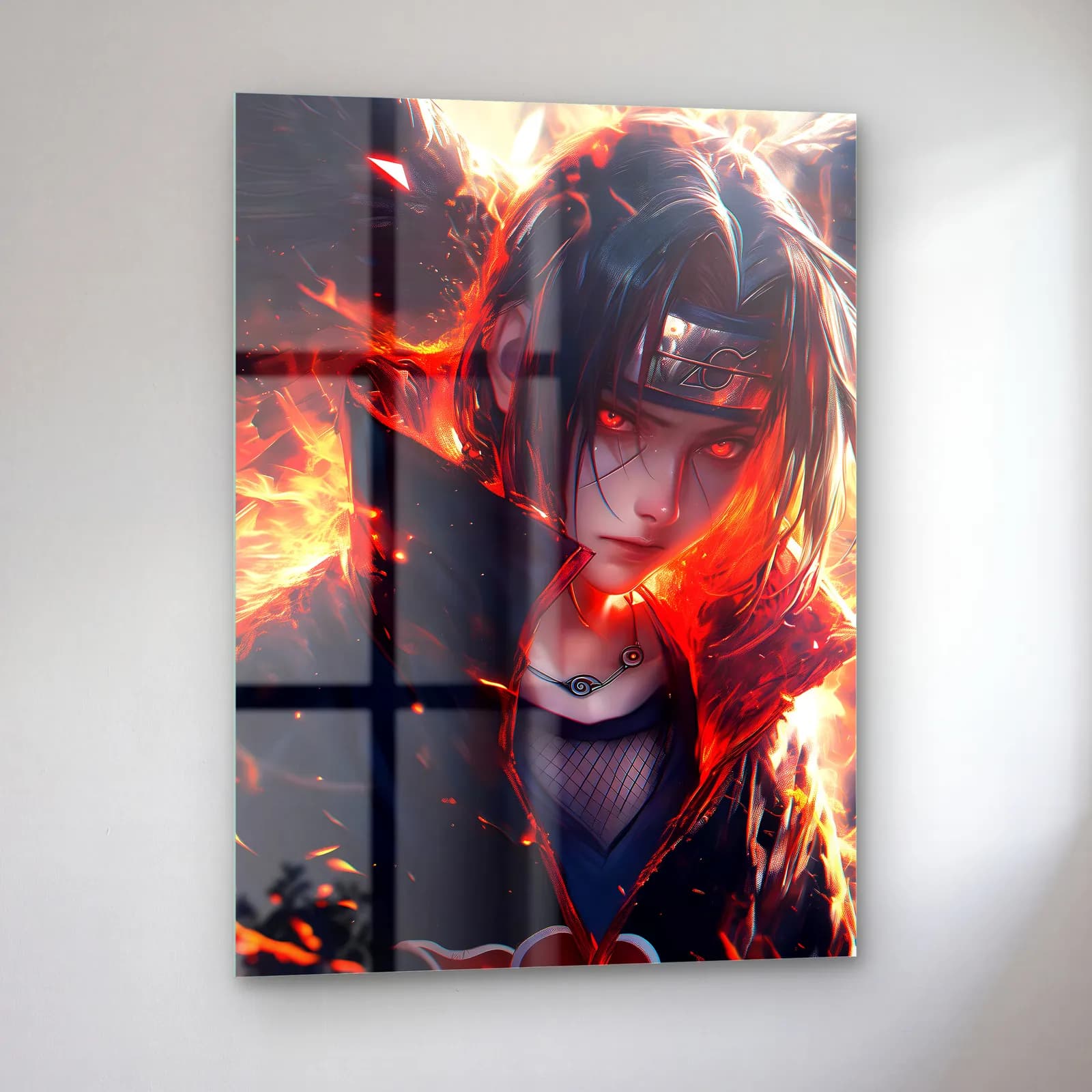 Alevler İçinde Itachi cam tablo — sol açıdan görünüm