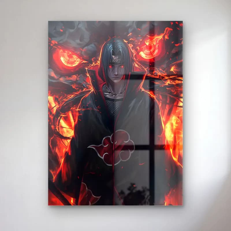Akatsuki Pelerinli Itachi cam tablo — Arka planda kızıl gözler, önde Akatsuki pelerinli Itachi