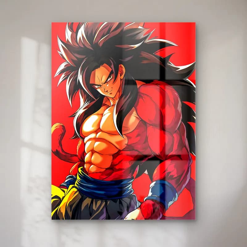 Süper Saiyan 4 Goku cam tablo — Kırmızı fonda kaslı Süper Saiyan 4 formunda Goku