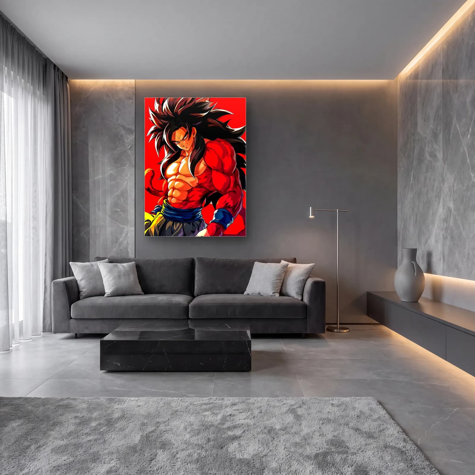 Süper Saiyan 4 Goku cam tablo — lüks salon duvarında