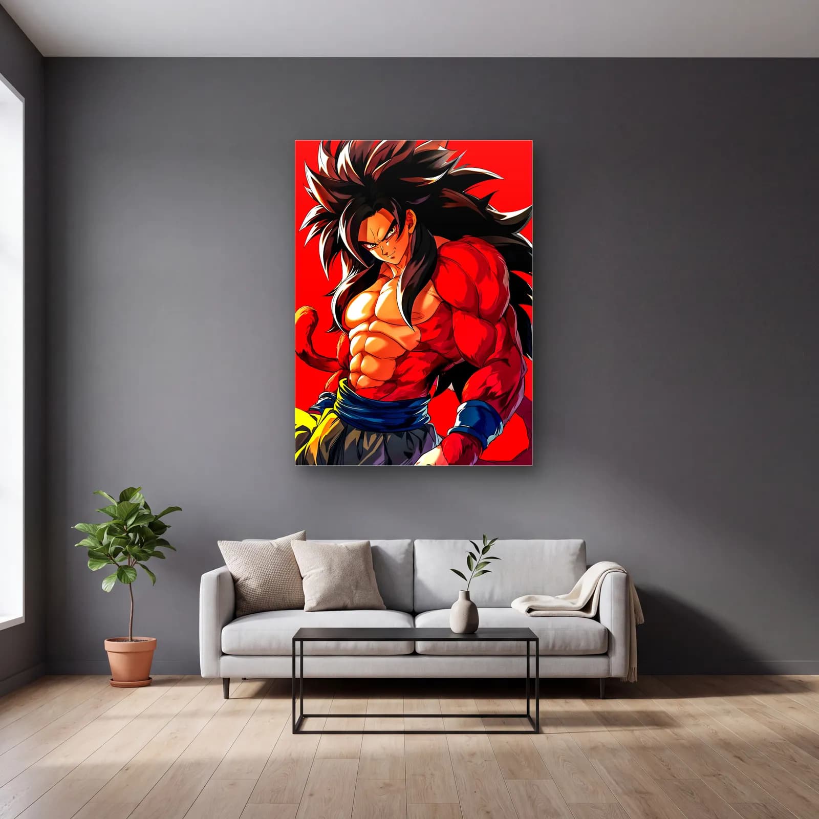 Süper Saiyan 4 Goku cam tablo — gri duvarlı salonda