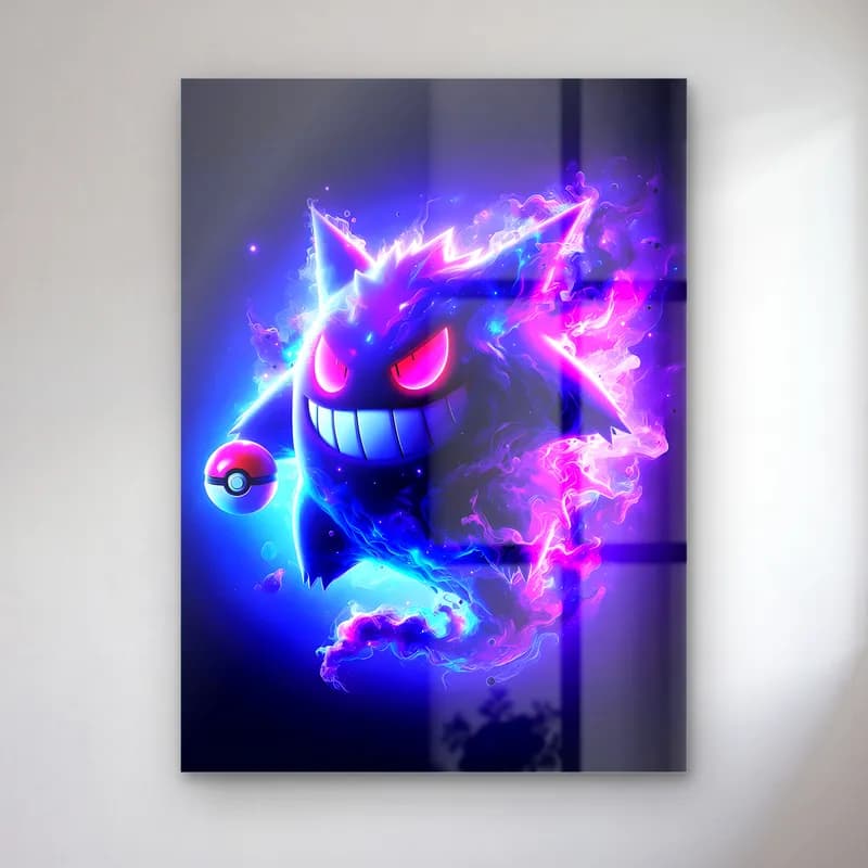 Neon Gengar ve Pokeball cam tablo — Mavi mor neon ışıkta pokeball tutan sırıtan Gengar