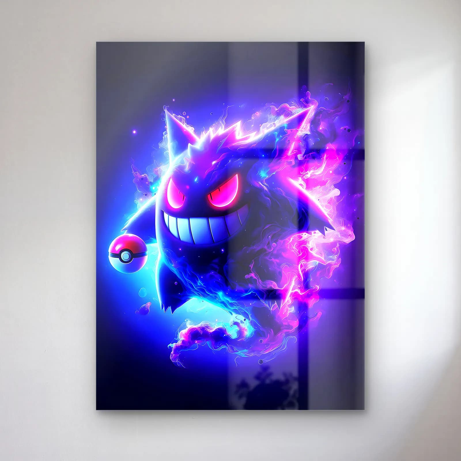 Neon Gengar ve Pokeball cam tablo — Mavi mor neon ışıkta pokeball tutan sırıtan Gengar