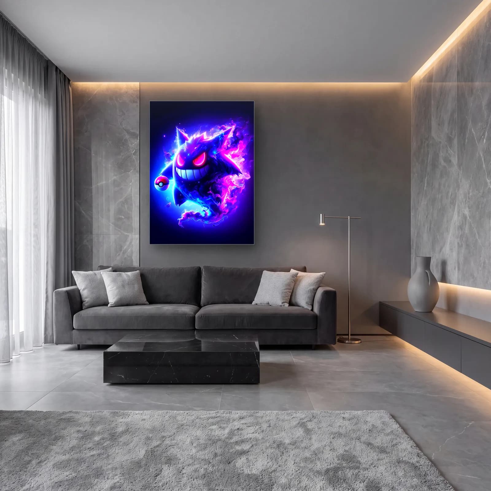 Neon Gengar ve Pokeball cam tablo — lüks salon duvarında