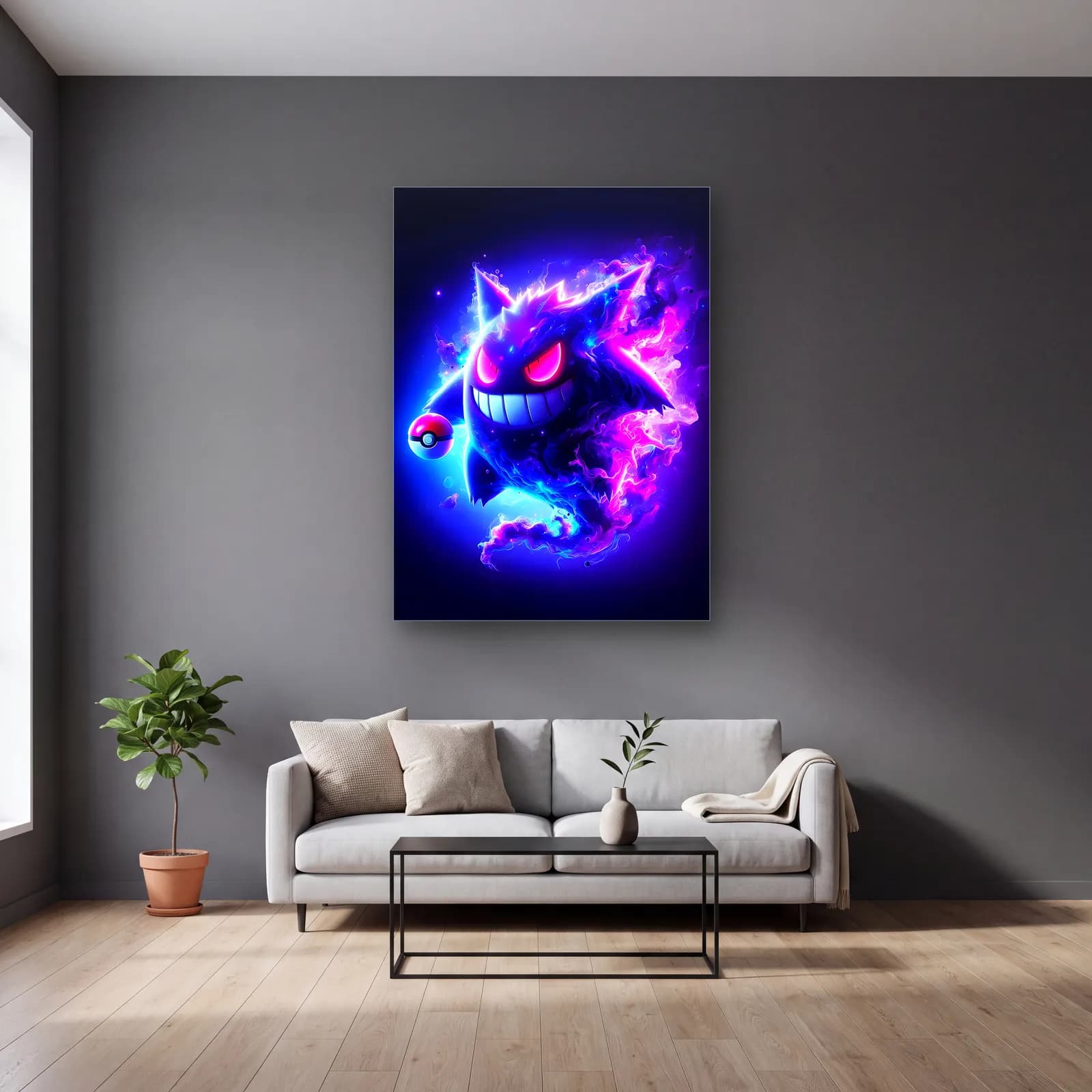Neon Gengar ve Pokeball cam tablo — gri duvarlı salonda