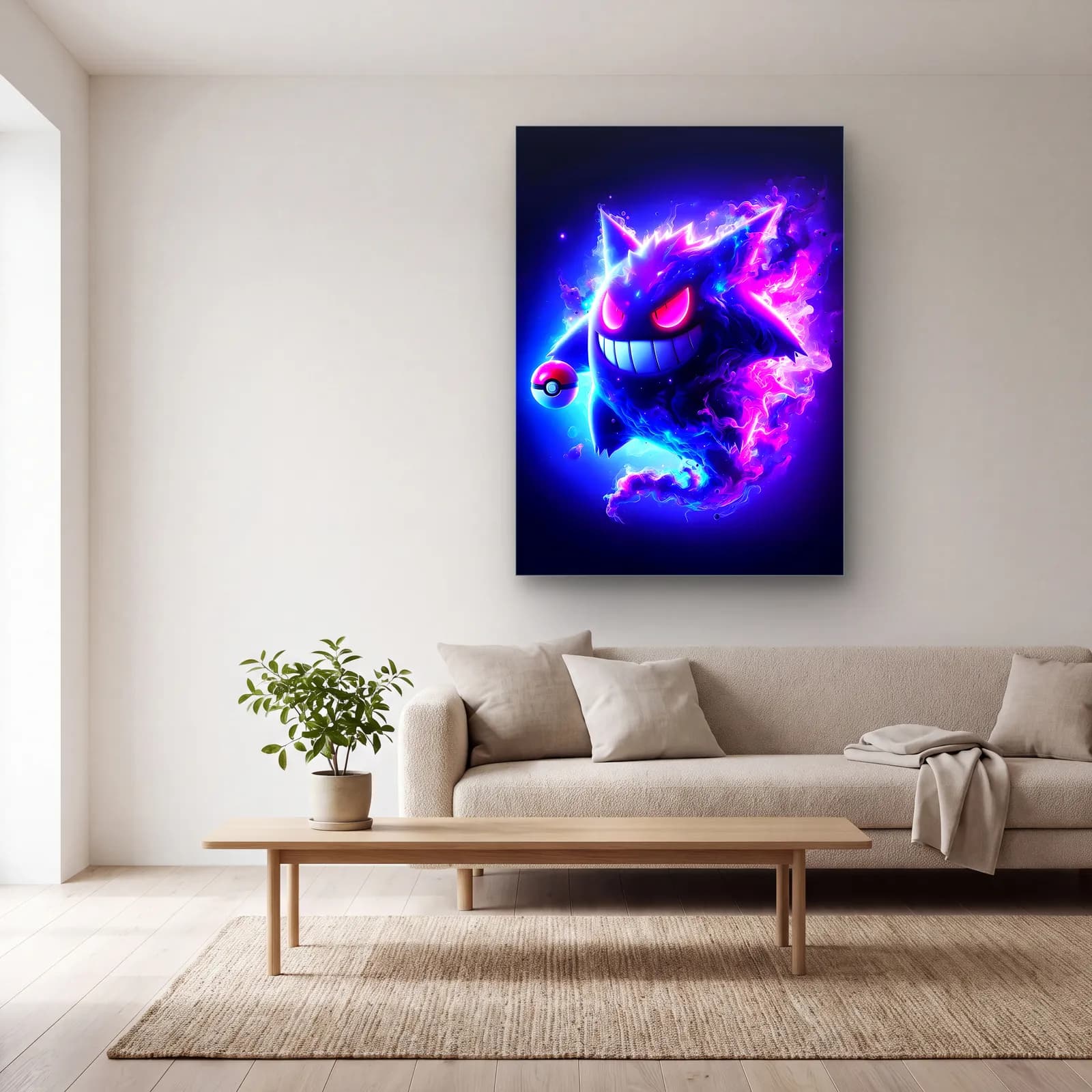 Neon Gengar ve Pokeball cam tablo — açık renk salonda