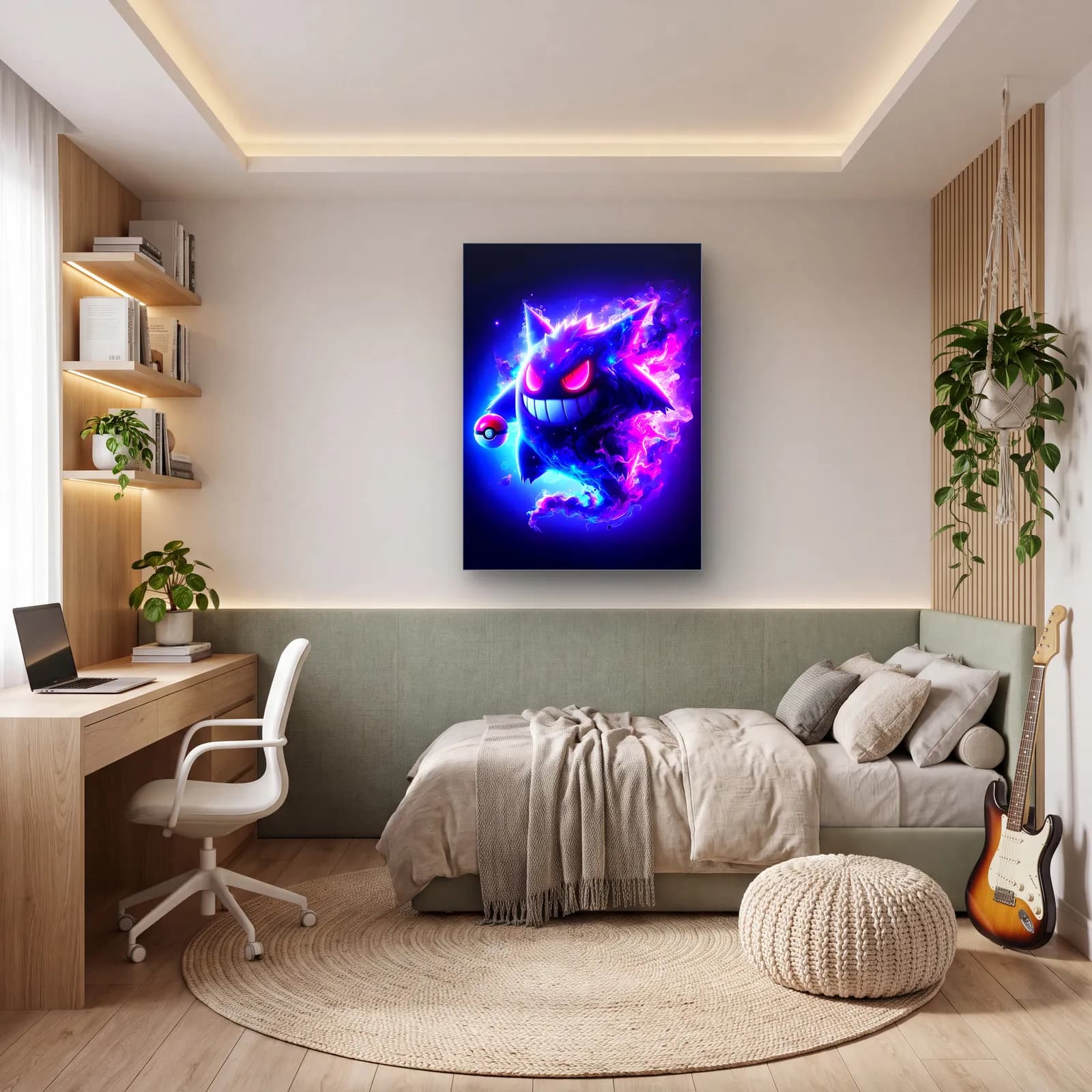 Neon Gengar ve Pokeball cam tablo — genç odasında