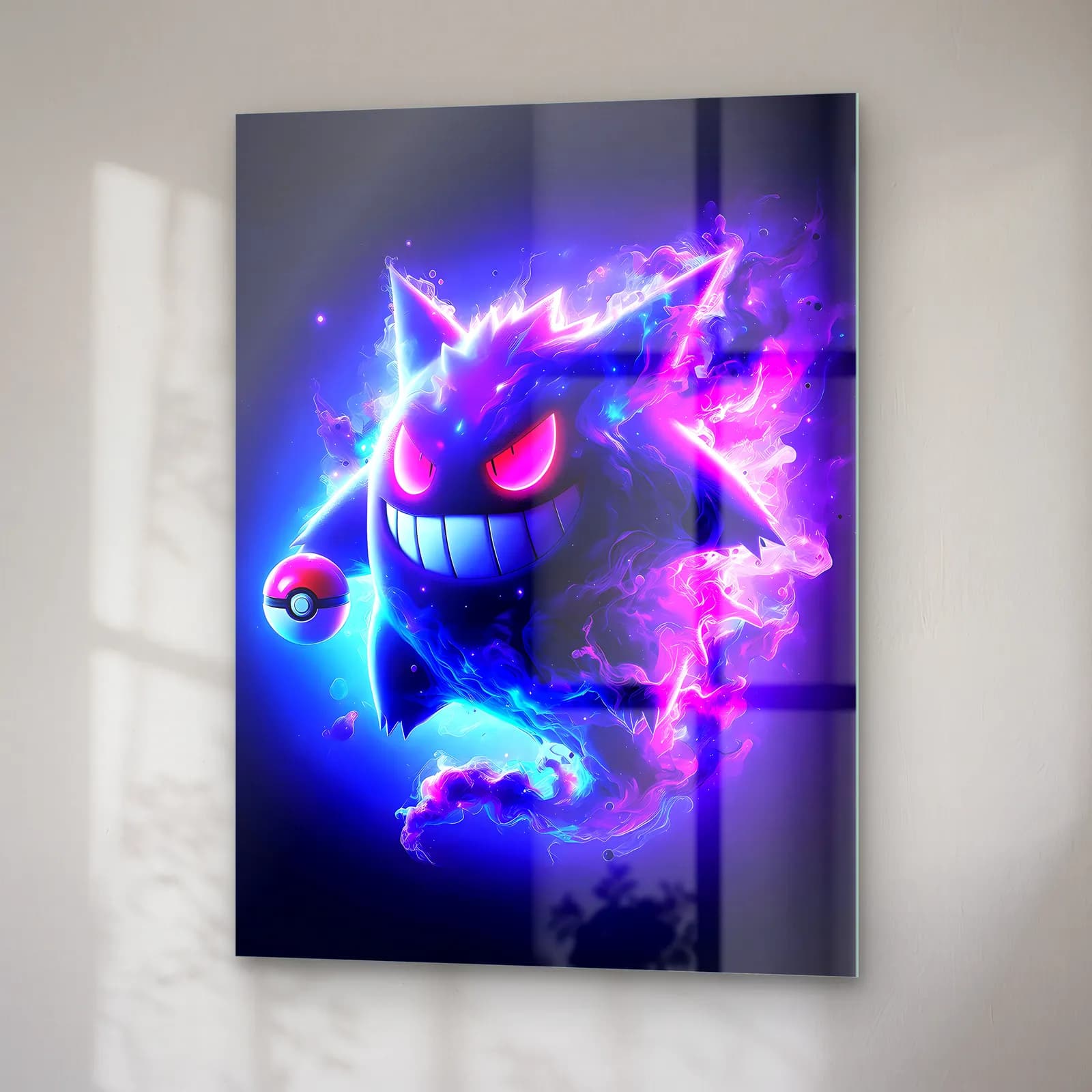 Neon Gengar ve Pokeball cam tablo — sağ açıdan görünüm