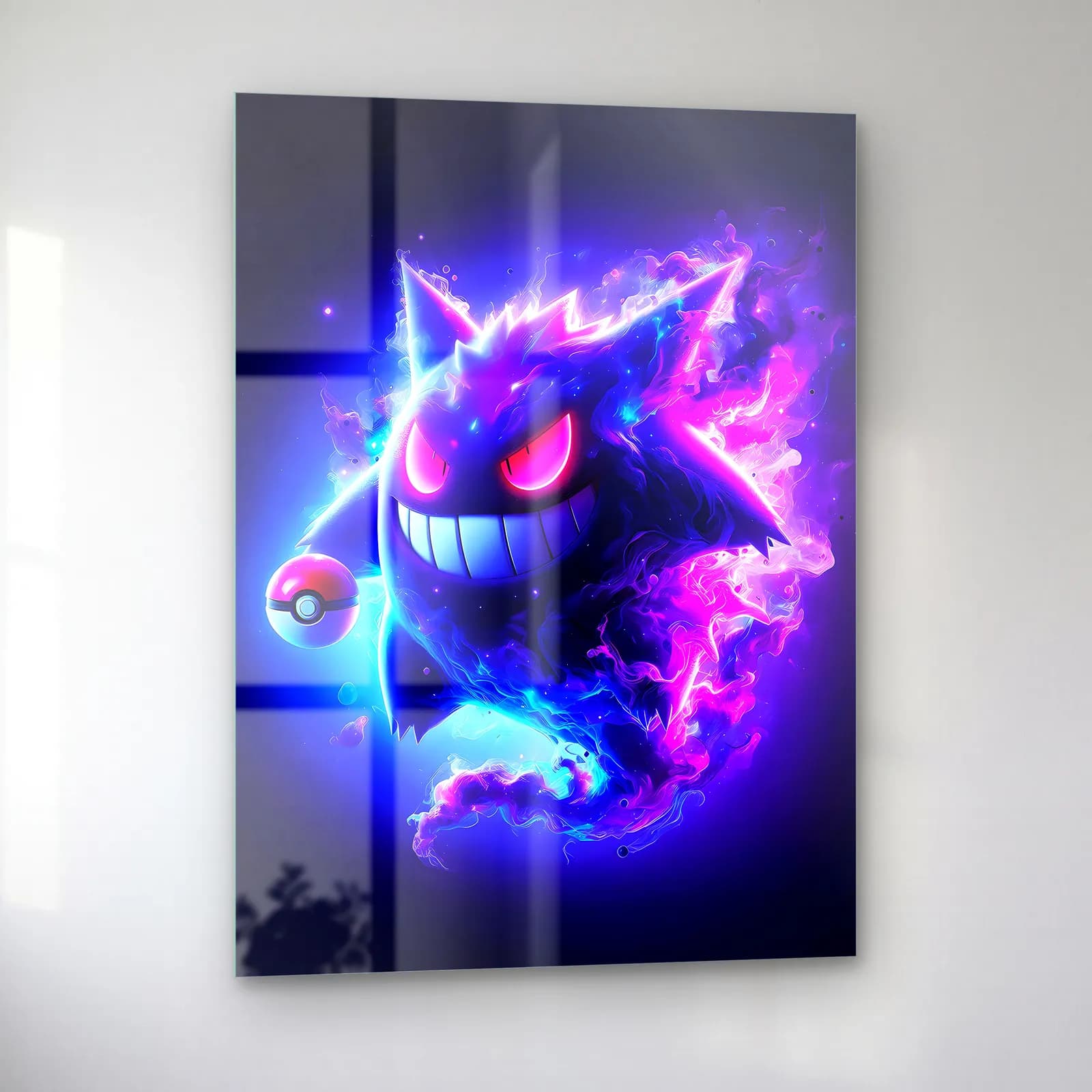 Neon Gengar ve Pokeball cam tablo — sol açıdan görünüm