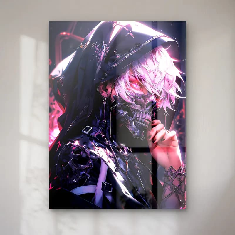 Maskeli Ken Kaneki cam tablo — Beyaz saçlı kırmızı gözlü maskeli kapüşonlu Ken Kaneki
