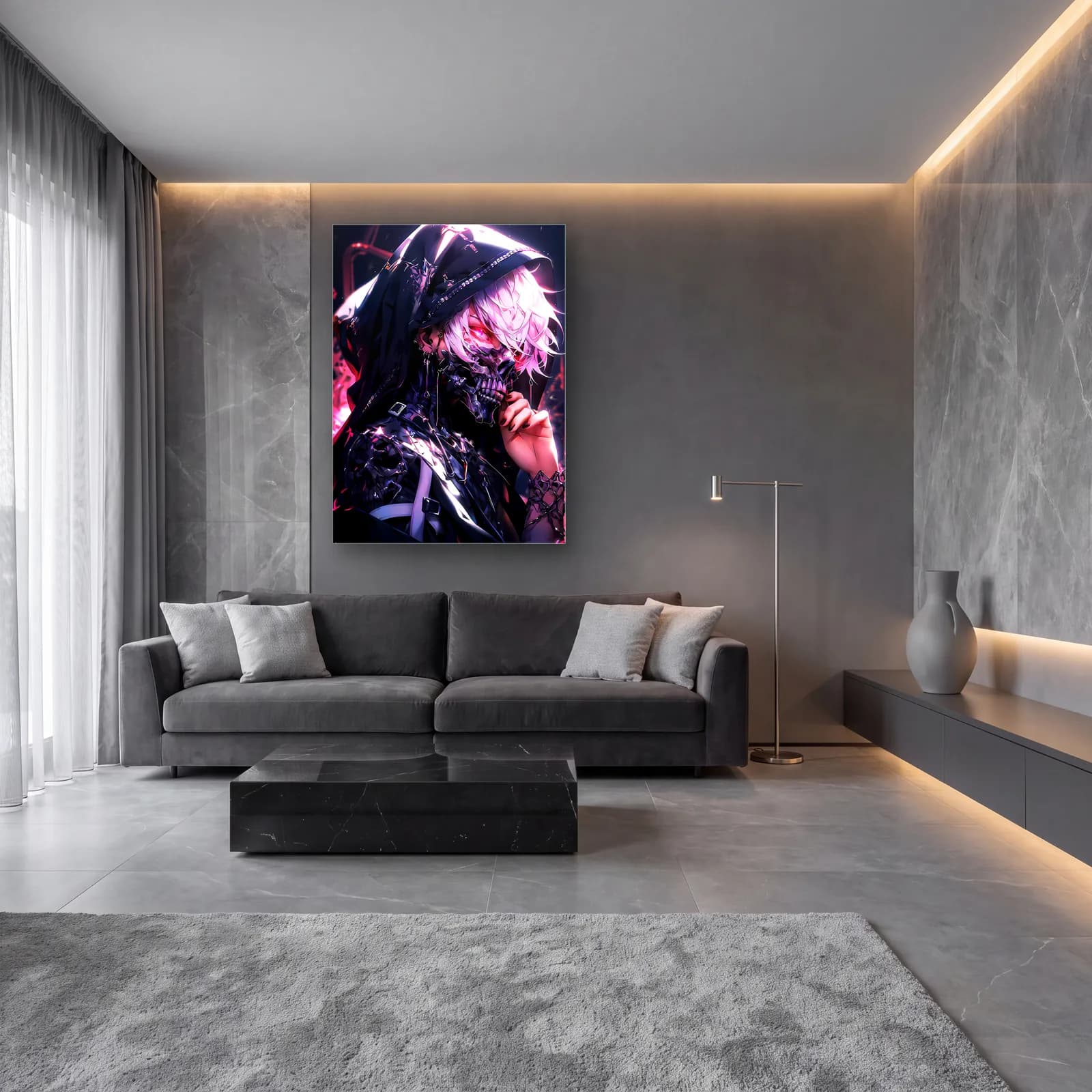 Maskeli Ken Kaneki cam tablo — lüks salon duvarında