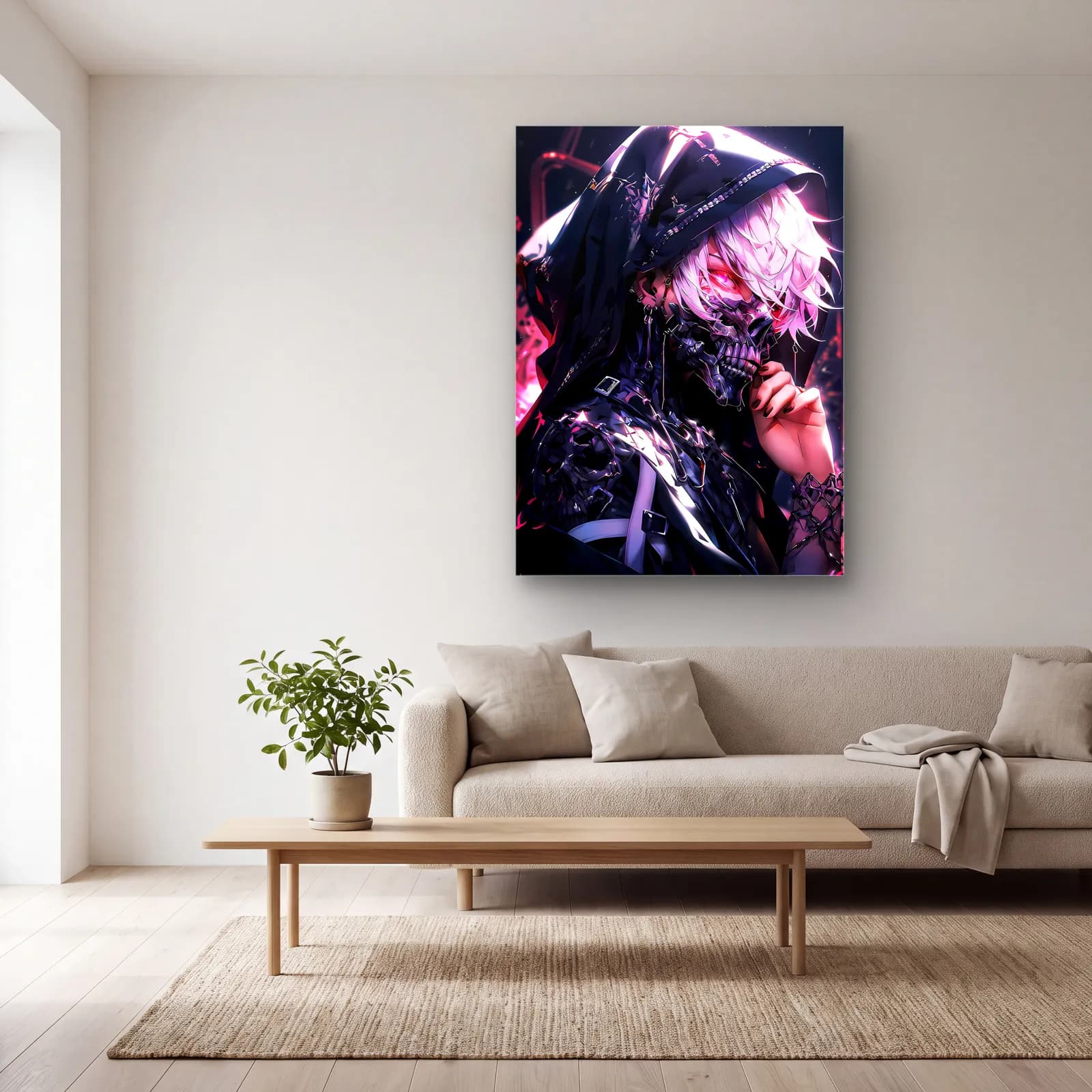 Maskeli Ken Kaneki cam tablo — açık renk salonda