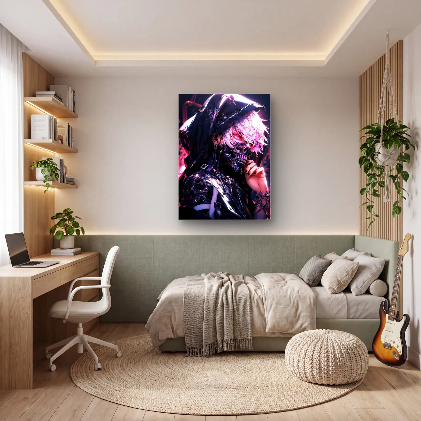 Maskeli Ken Kaneki cam tablo — genç odasında