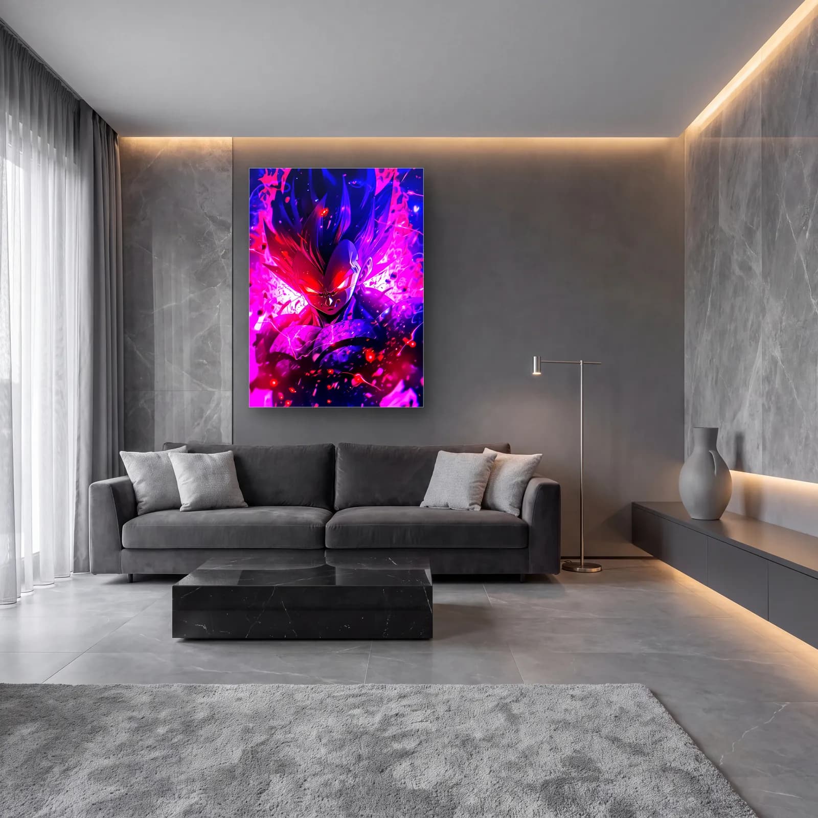Pembe Mor Vegeta cam tablo — lüks salon duvarında