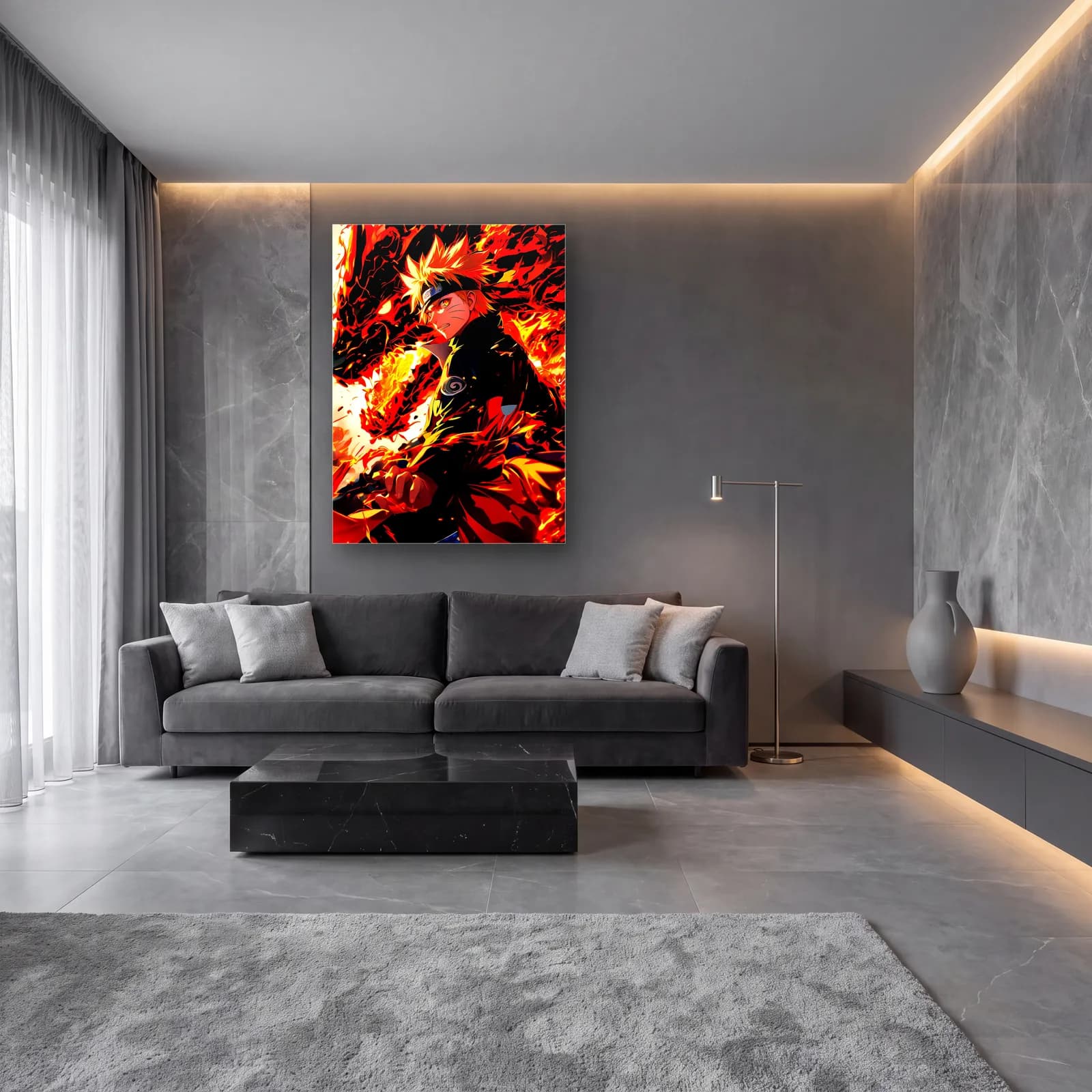 Kurama Alevli Naruto cam tablo — lüks salon duvarında