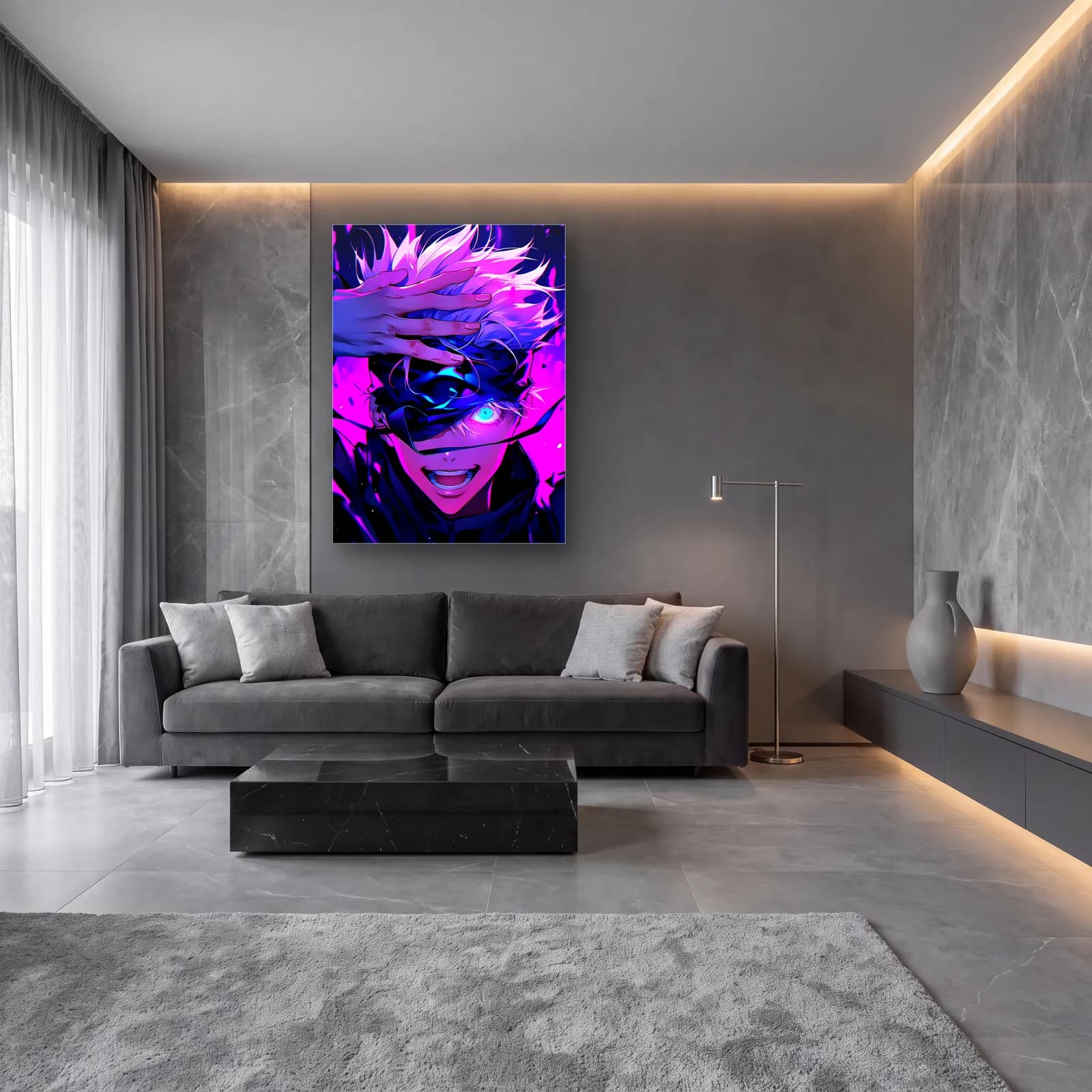 Gojo Satoru Göz Bandı cam tablo — lüks salon duvarında