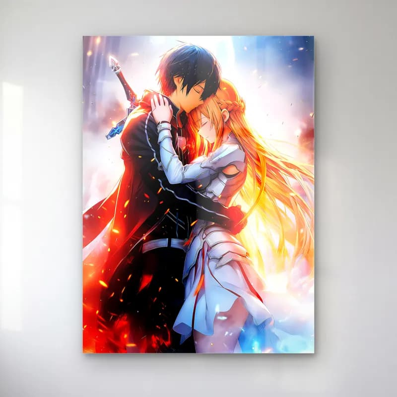 Kirito ve Asuna Sarılma cam tablo — Parlak ışık içinde birbirine sarılan Kirito ve Asuna