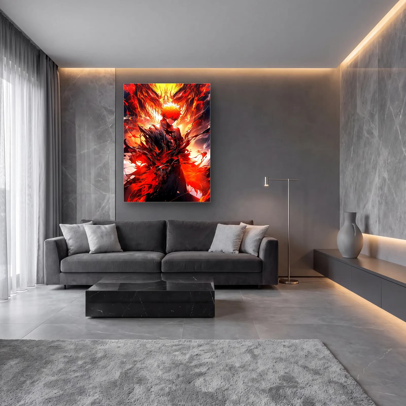 Alevler İçinde Ichigo cam tablo — lüks salon duvarında
