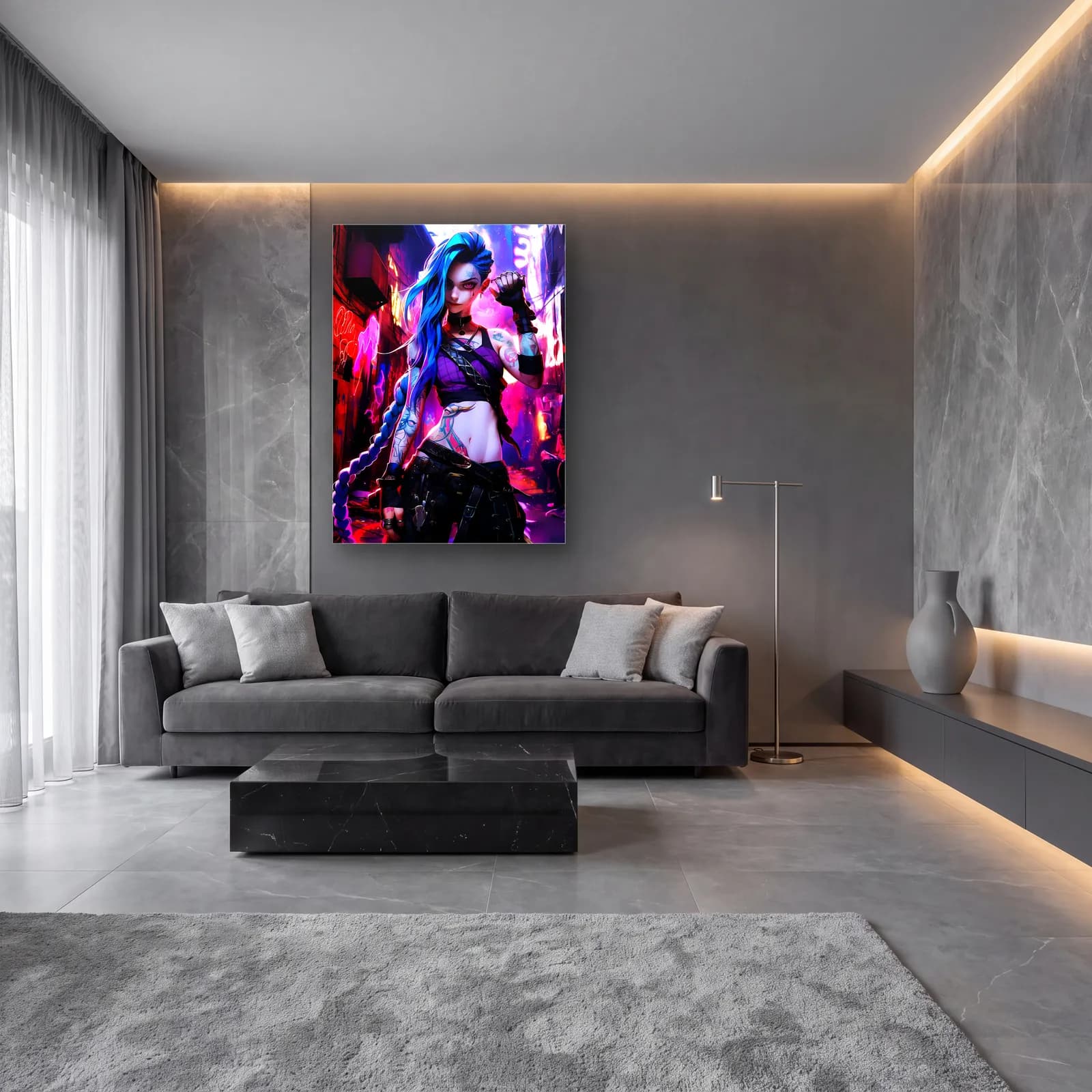 Mavi Saçlı Jinx cam tablo — lüks salon duvarında