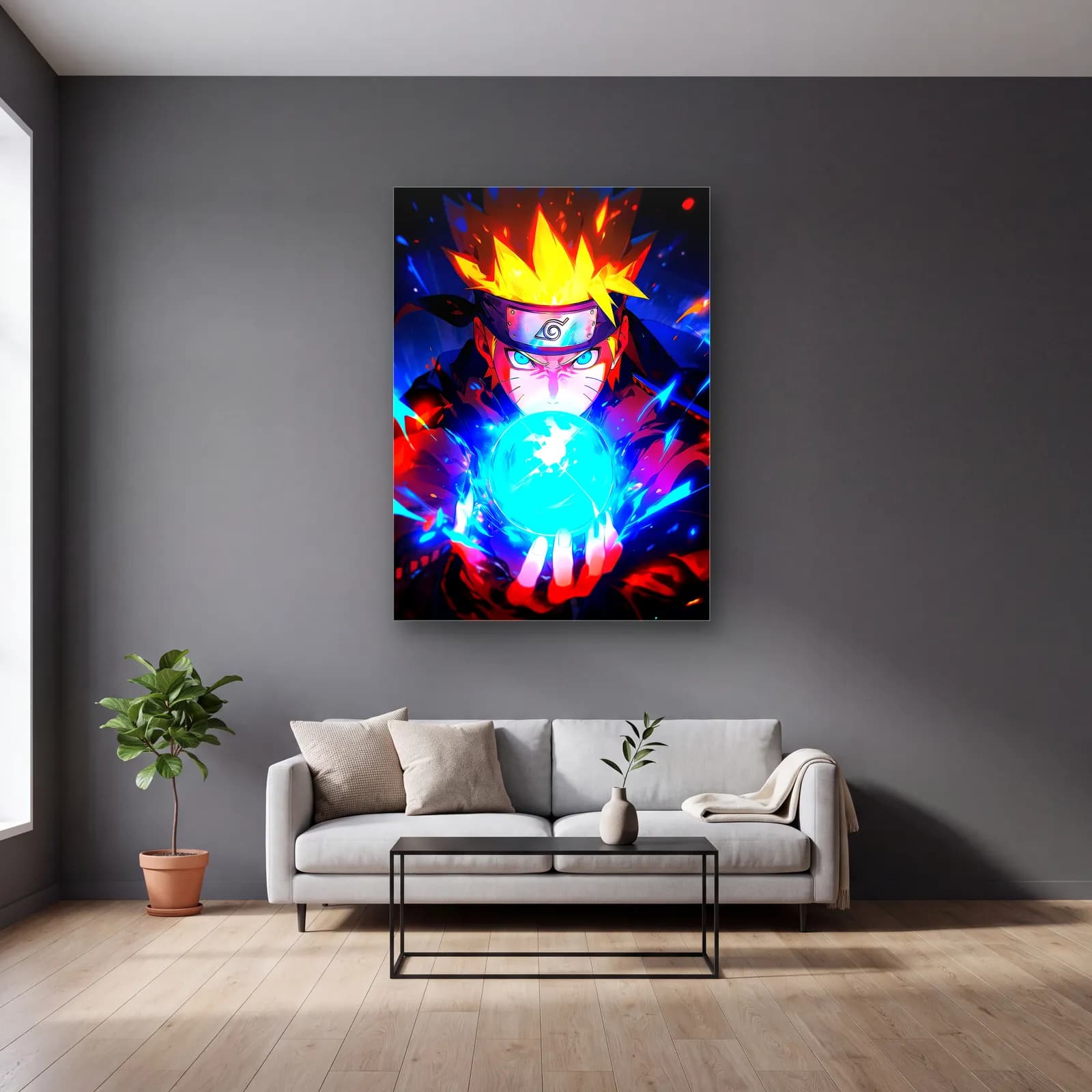 Rasengan Yapan Naruto cam tablo — gri duvarlı salonda