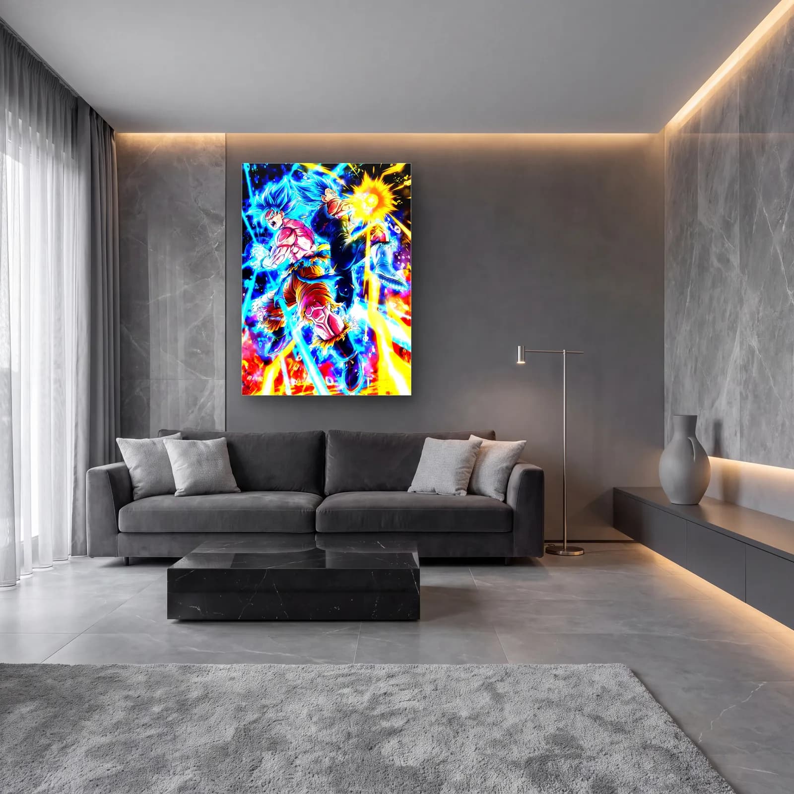 Goku Super Saiyan Blue cam tablo — lüks salon duvarında