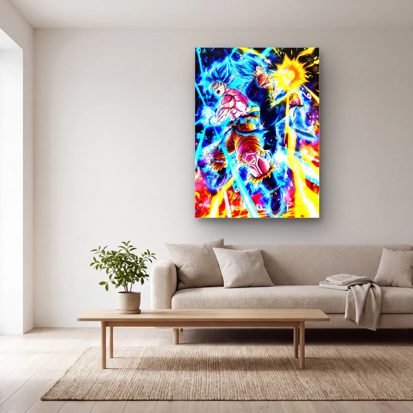 Goku Super Saiyan Blue cam tablo — açık renk salonda