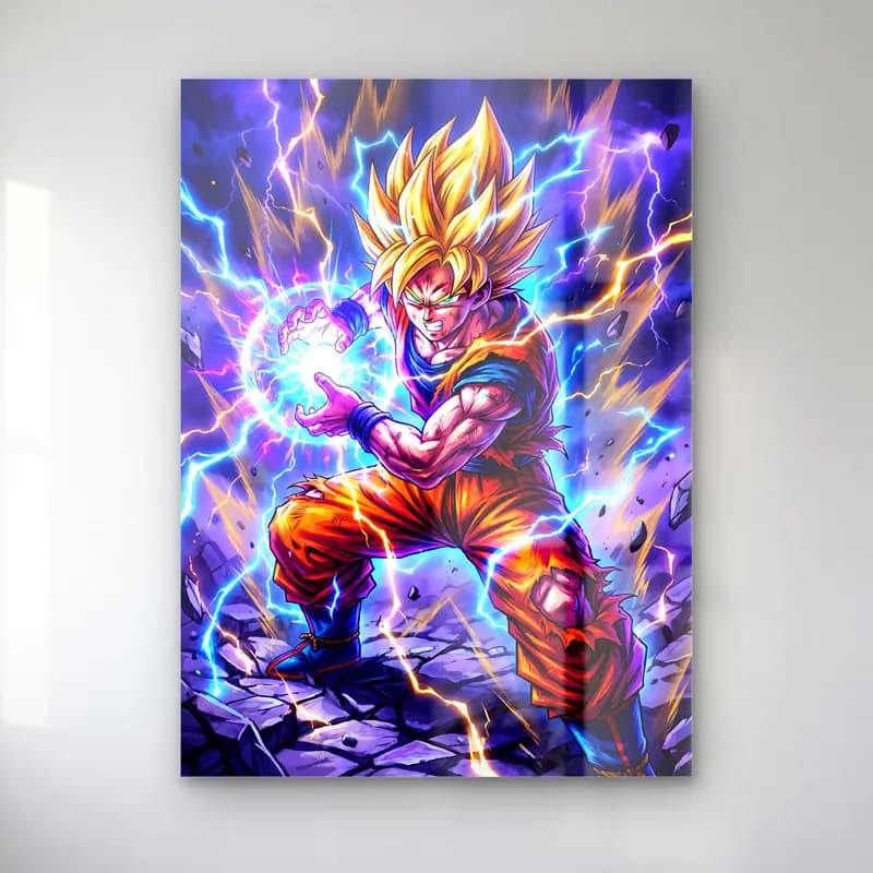 Goku Kamehameha Saldırısı cam tablo — Mor şimşekler arasında elinde mavi enerji küresi tutan sarı saçlı Goku