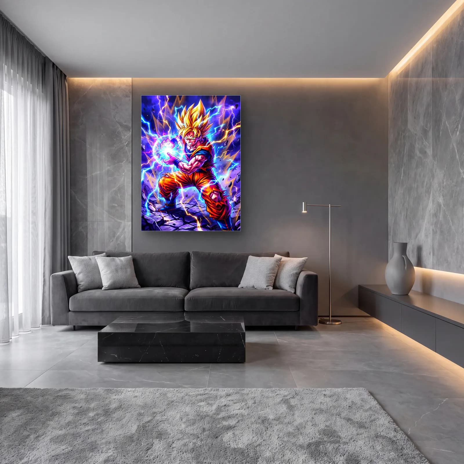 Goku Kamehameha Saldırısı cam tablo — lüks salon duvarında