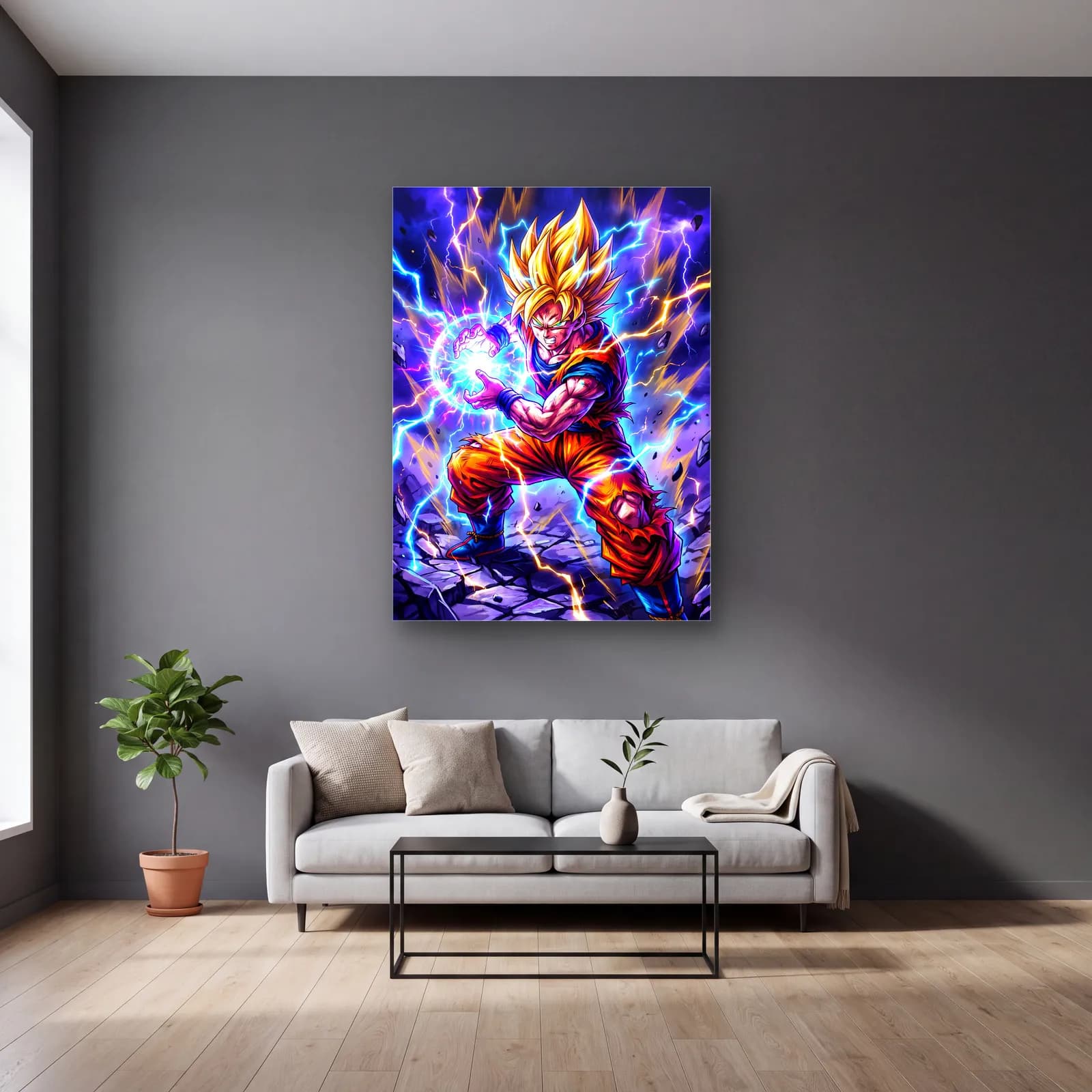 Goku Kamehameha Saldırısı cam tablo — gri duvarlı salonda
