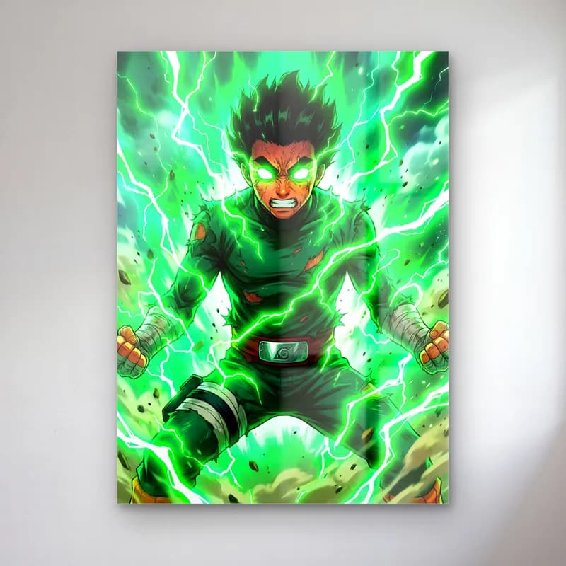 Rock Lee Yeşil Enerji cam tablo — Yeşil elektrik akımları içinde dövüş pozunda duran Rock Lee