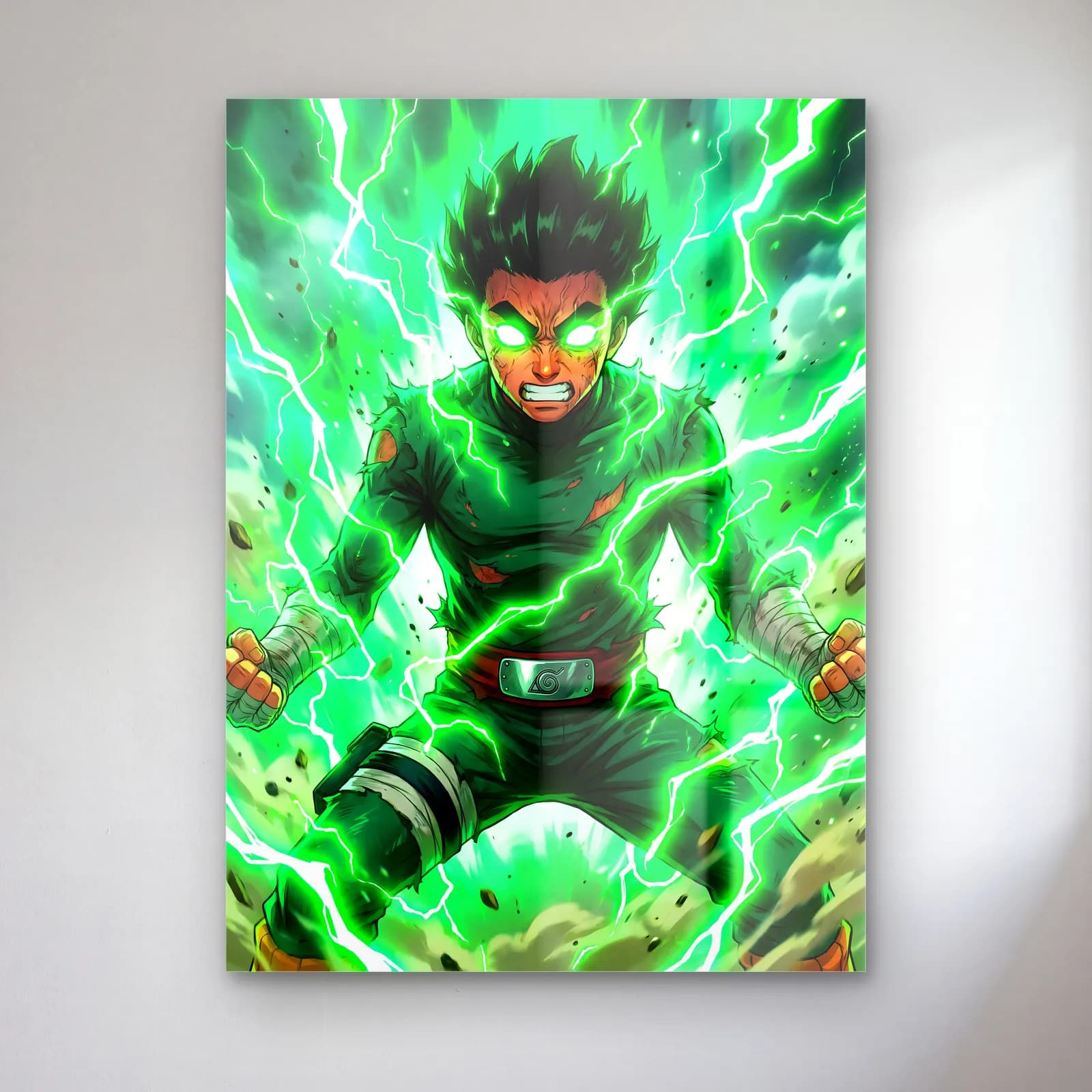 Rock Lee Yeşil Enerji cam tablo — Yeşil elektrik akımları içinde dövüş pozunda duran Rock Lee