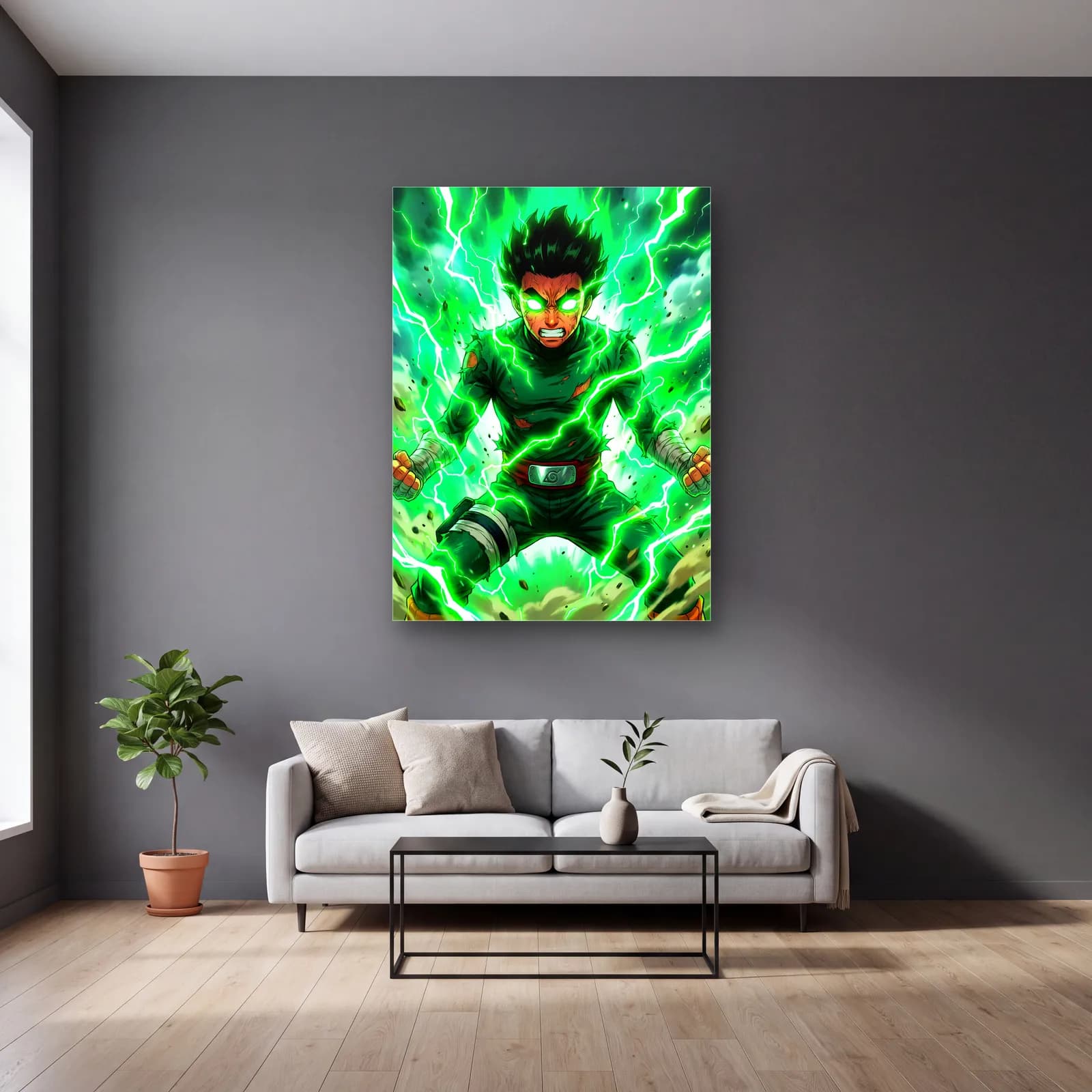 Rock Lee Yeşil Enerji cam tablo — gri duvarlı salonda