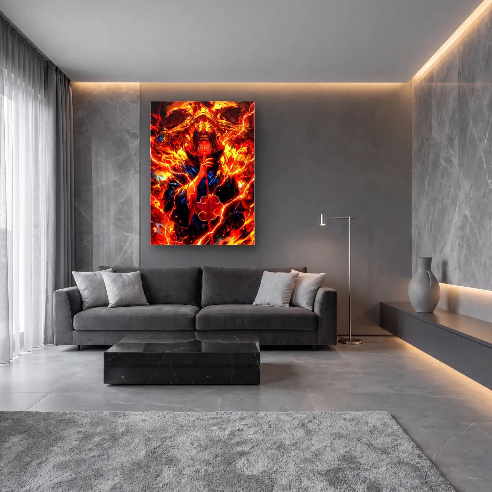 Itachi Uchiha Alevler İçinde cam tablo — lüks salon duvarında