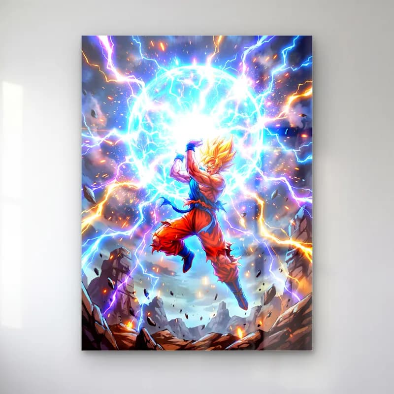 Goku Enerji Patlaması cam tablo — Parlayan dev mavi enerji küresi ve kayalar önünde sıçrayan Goku