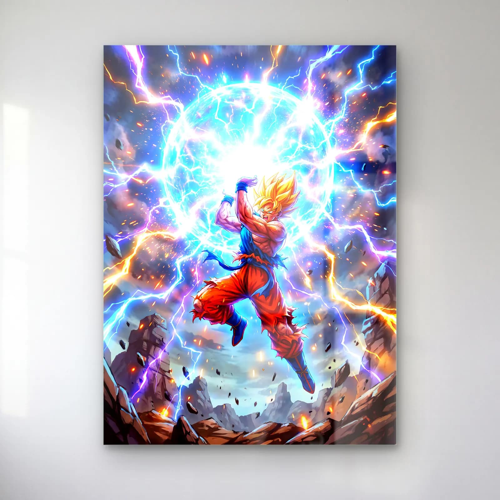 Goku Enerji Patlaması cam tablo — Parlayan dev mavi enerji küresi ve kayalar önünde sıçrayan Goku