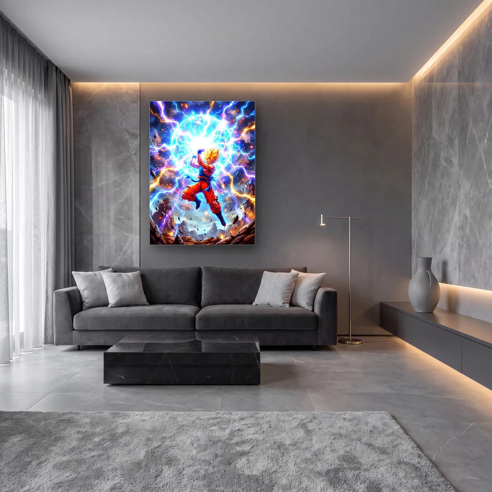 Goku Enerji Patlaması cam tablo — lüks salon duvarında