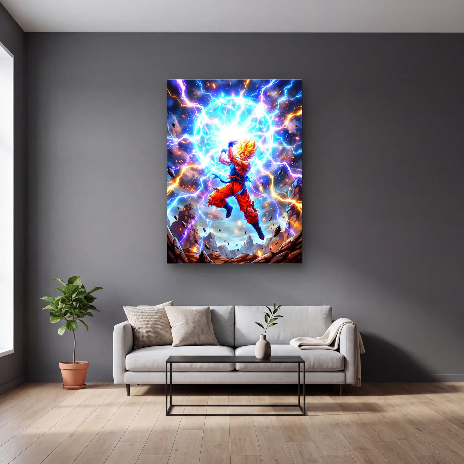 Goku Enerji Patlaması cam tablo — gri duvarlı salonda