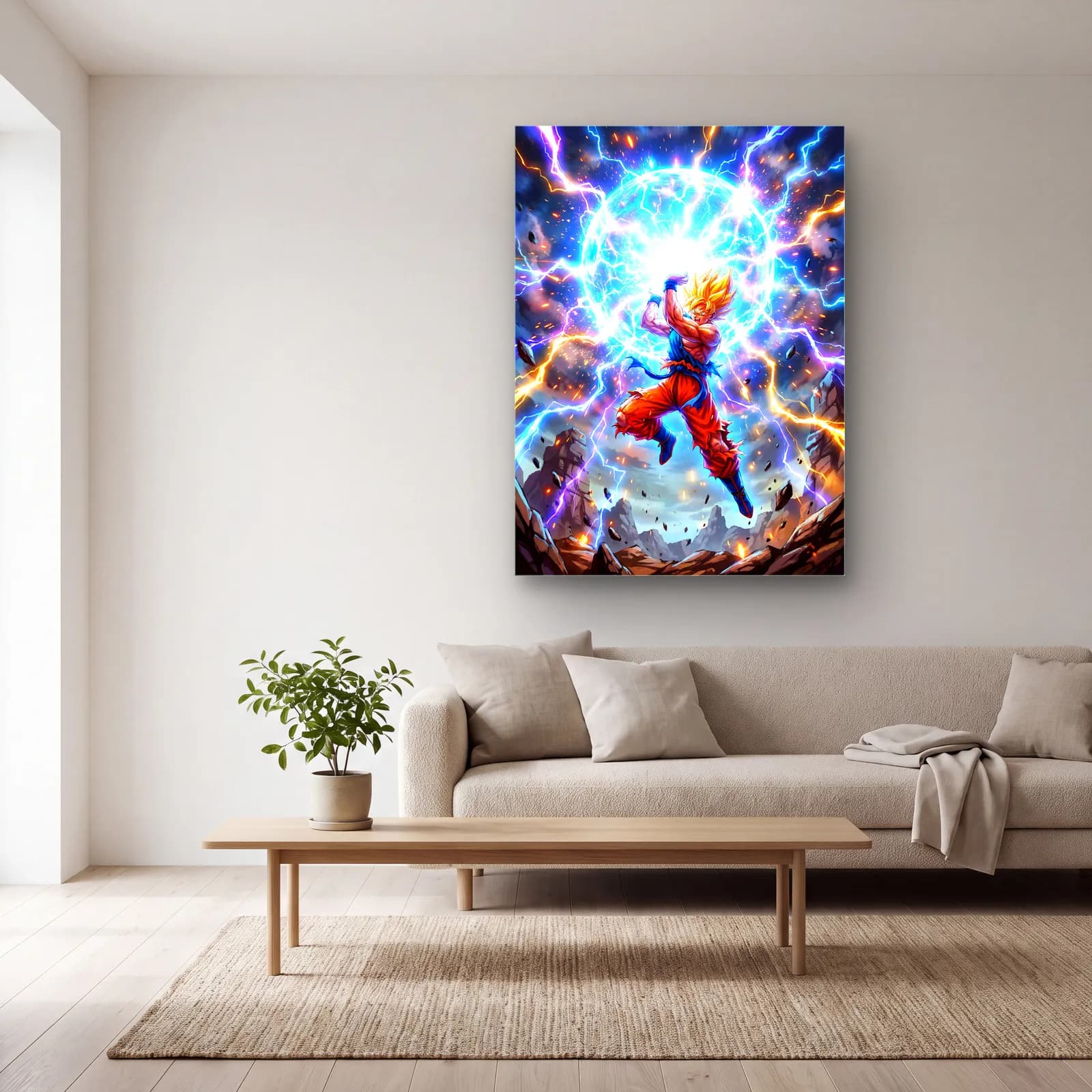 Goku Enerji Patlaması cam tablo — açık renk salonda
