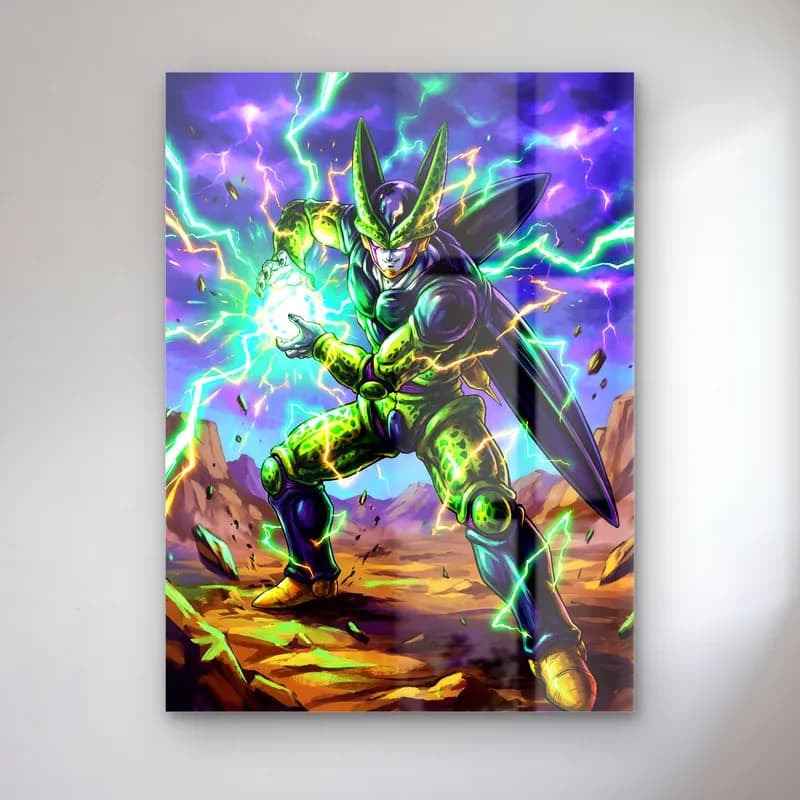 Cell Dragon Ball cam tablo — Mor gökyüzü ve yeşil şimşekler altında enerji toplayan Cell