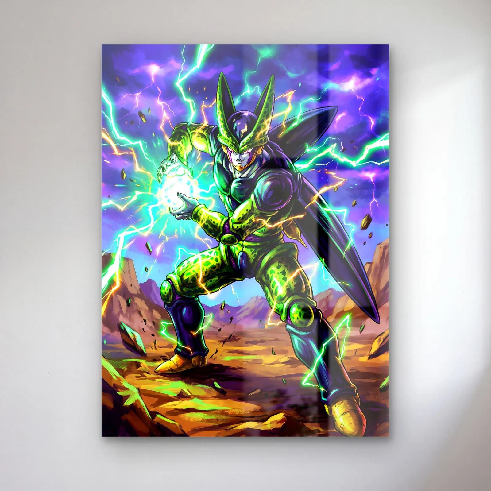 Cell Dragon Ball cam tablo — Mor gökyüzü ve yeşil şimşekler altında enerji toplayan Cell