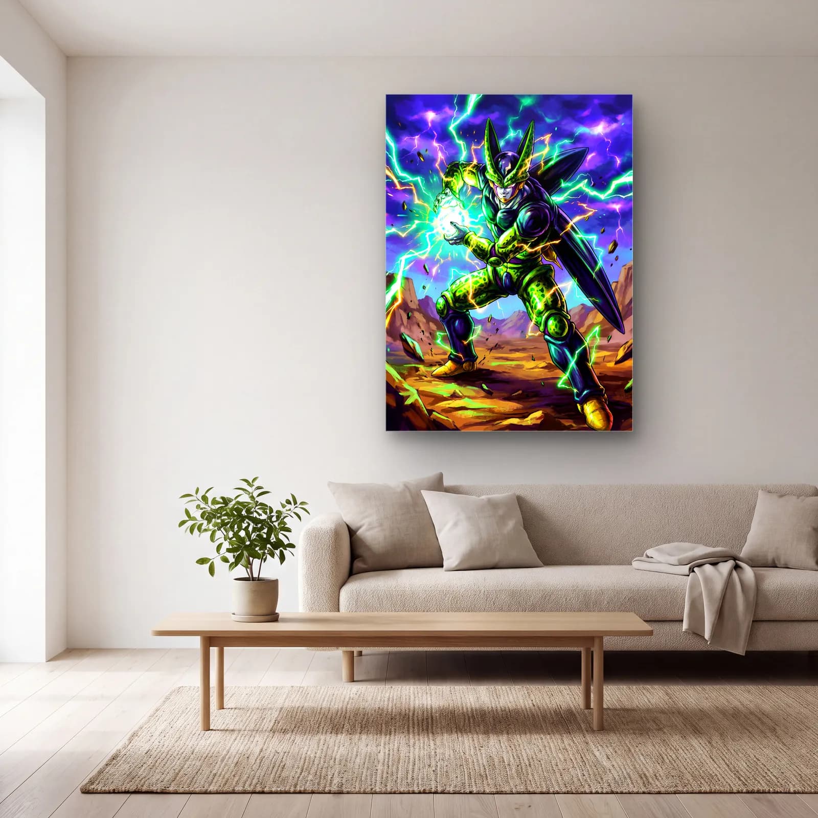 Cell Dragon Ball cam tablo — açık renk salonda