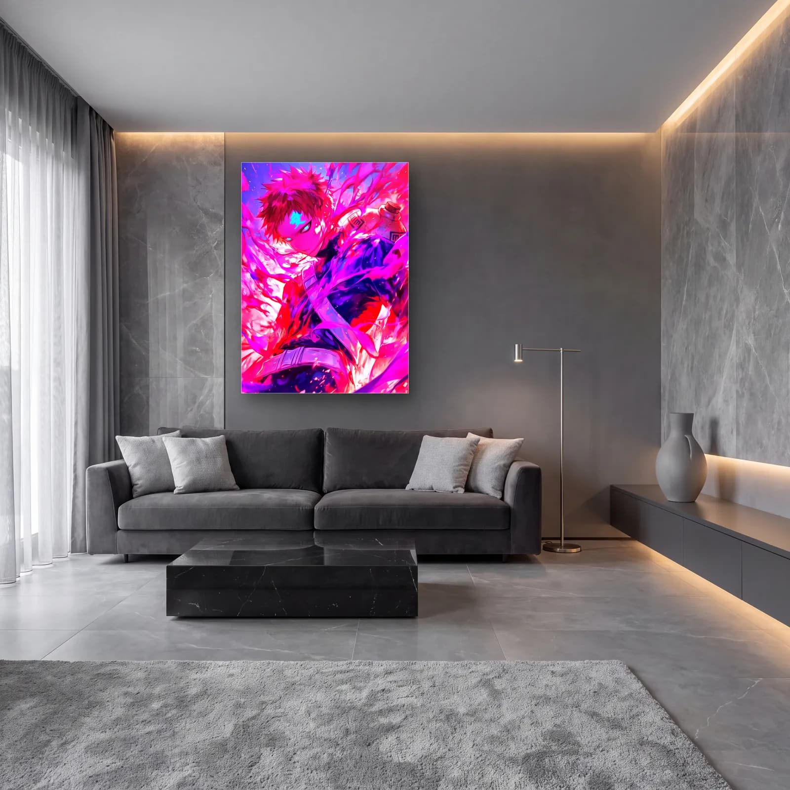 Gaara Pembe Kum Fırtınası cam tablo — lüks salon duvarında