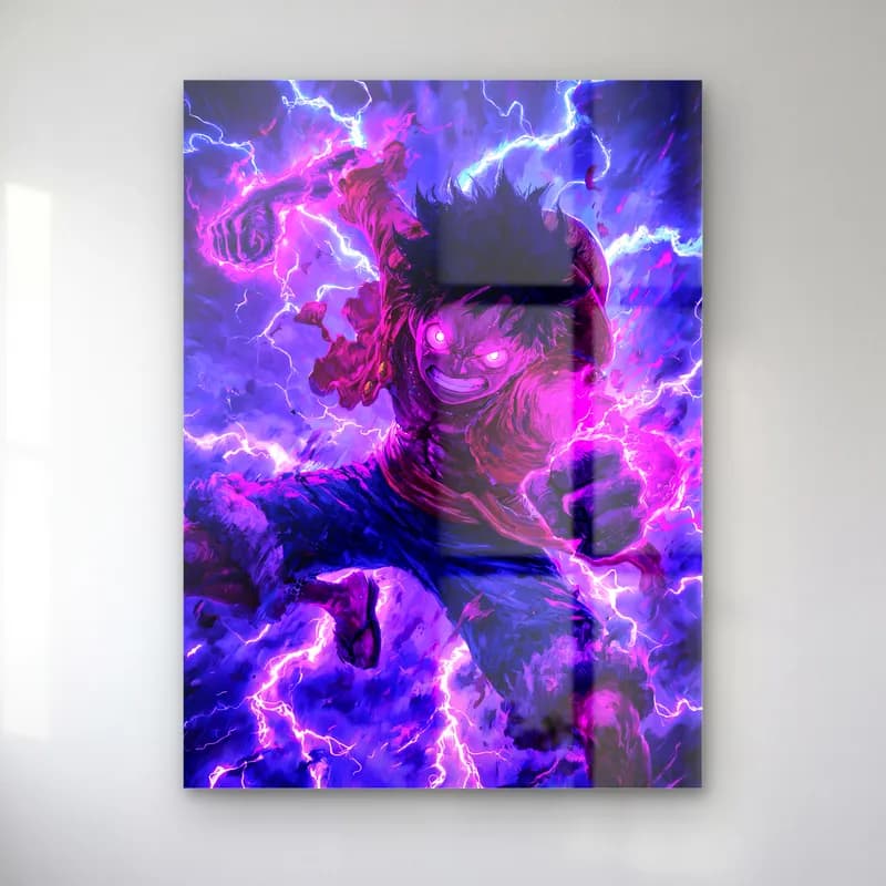 Luffy Mor Şimşekler cam tablo — Mor ve pembe yıldırımlar arasında parlayan gözlerle saldıran Luffy