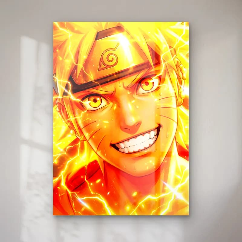 Naruto Uzumaki Portresi cam tablo — Turuncu şimşekler içinde alın bandı takan gülümseyen Naruto Uzumaki
