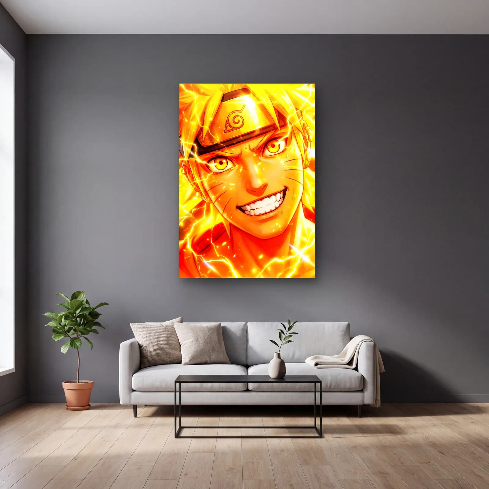 Naruto Uzumaki Portresi cam tablo — gri duvarlı salonda