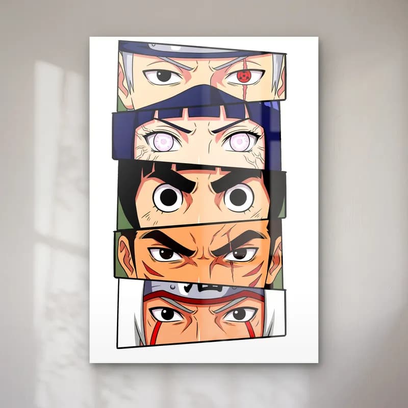 Naruto Gözleri Kakashi Seti cam tablo — Beyaz fonda Kakashi, Hinata, Rock Lee ve diğer Naruto karakterlerinin gözleri