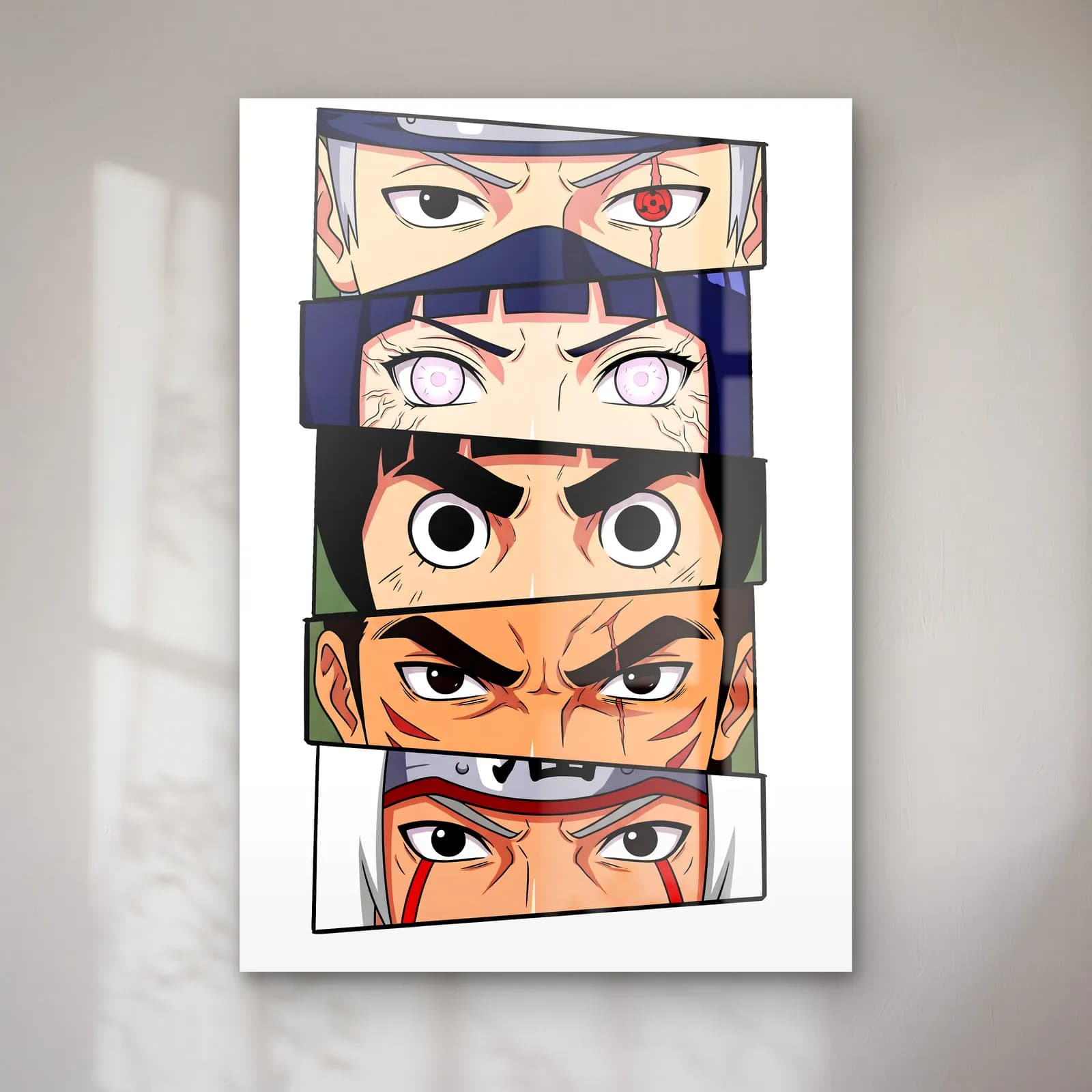 Naruto Gözleri Kakashi Seti cam tablo — Beyaz fonda Kakashi, Hinata, Rock Lee ve diğer Naruto karakterlerinin gözleri
