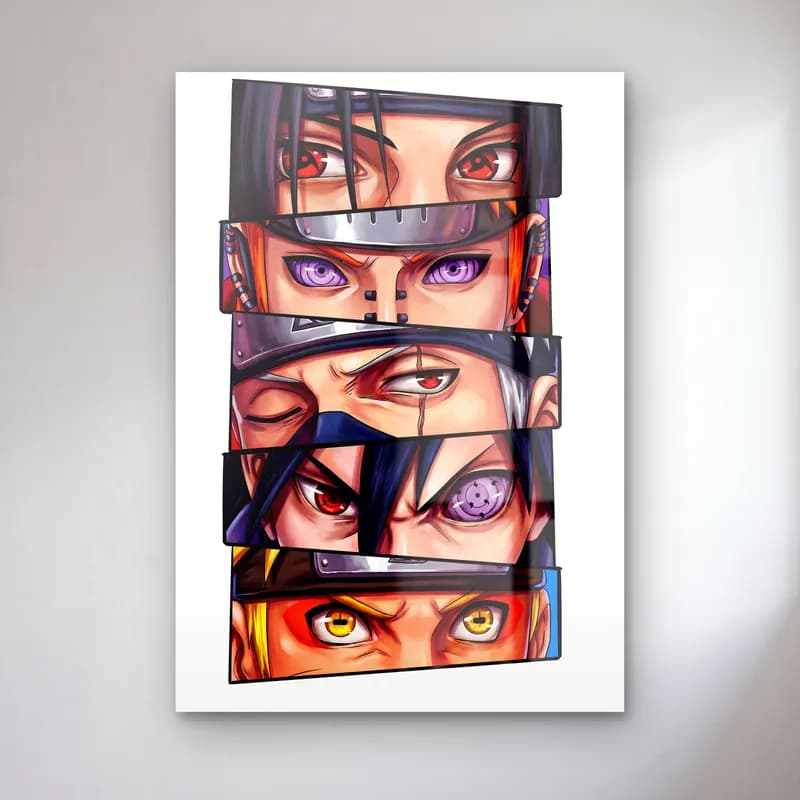 Uchiha Gözleri Sharingan cam tablo — Beyaz fonda Uchiha karakterlerinin kırmızı Sharingan gözlerinden oluşan şeritler