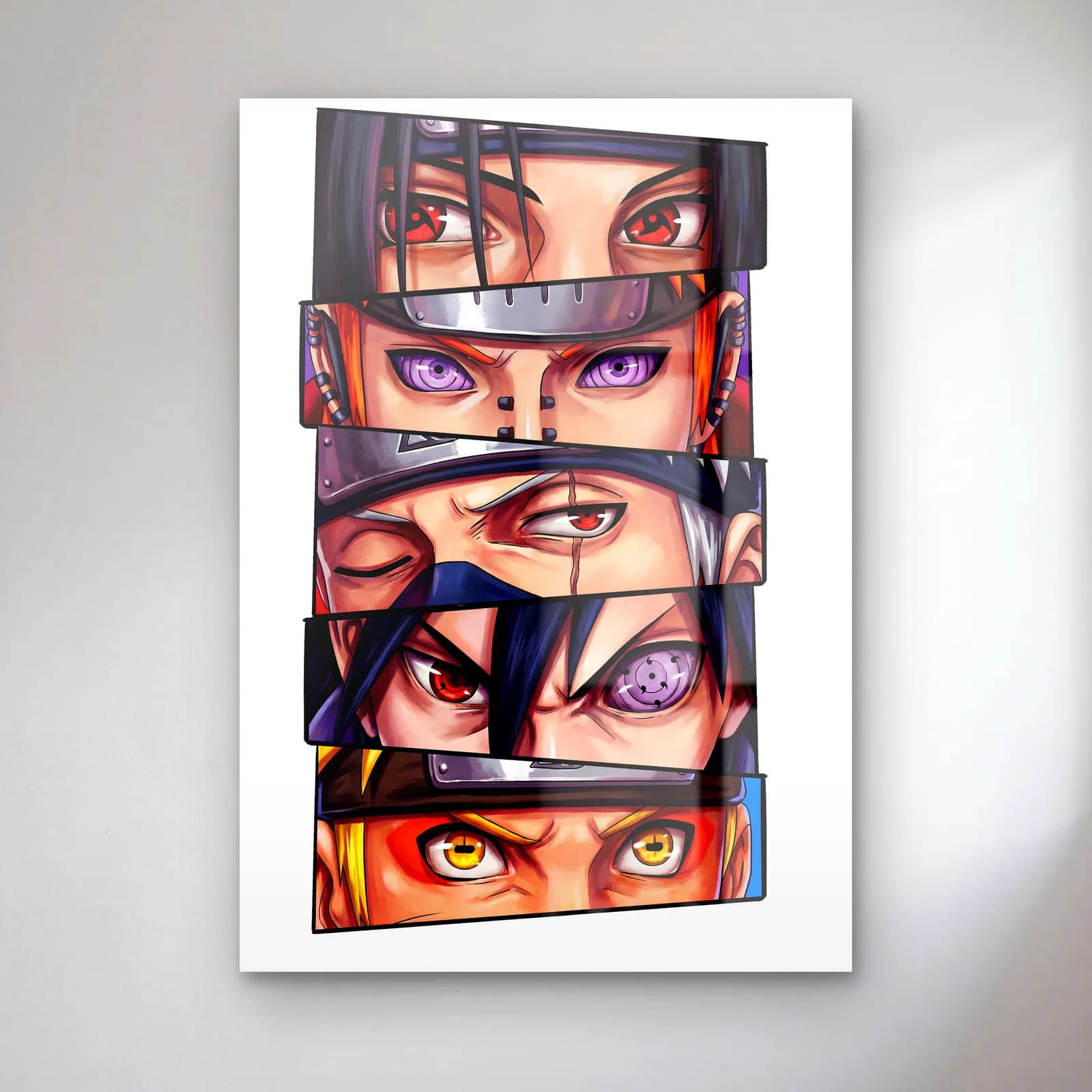 Uchiha Gözleri Sharingan cam tablo — Beyaz fonda Uchiha karakterlerinin kırmızı Sharingan gözlerinden oluşan şeritler