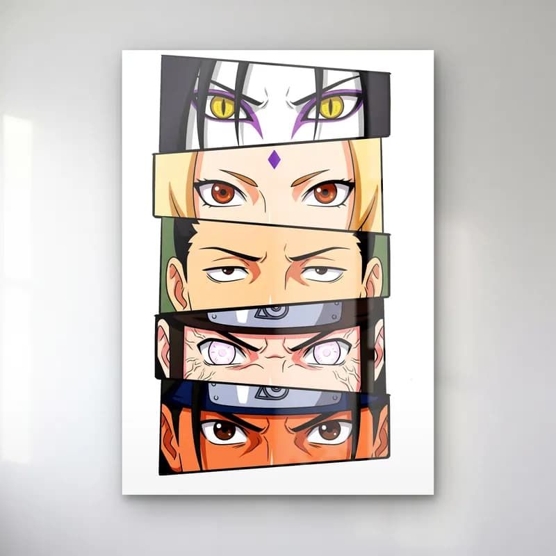 Orochimaru ve Tsunade Gözleri cam tablo — Beyaz fonda Orochimaru, Tsunade, Shikamaru ve Neji'nin göz şeritleri